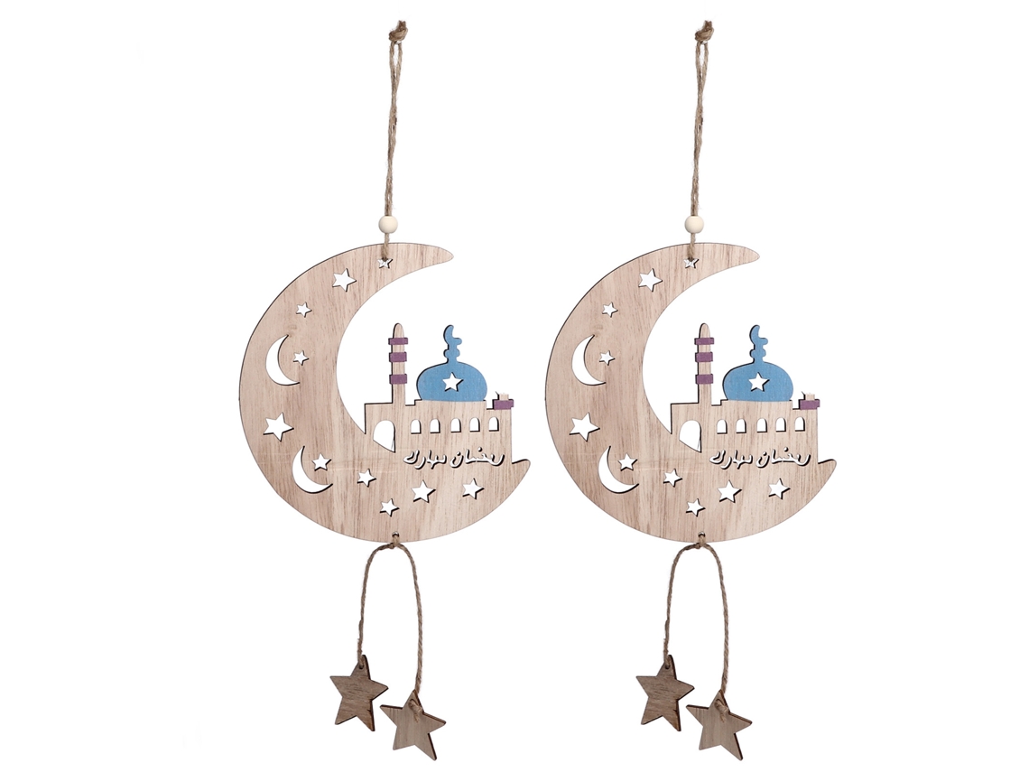 Baok - 2 piezas de colgantes de luna para decoración de Eid al-Fitr, adornos de madera para el hogar.