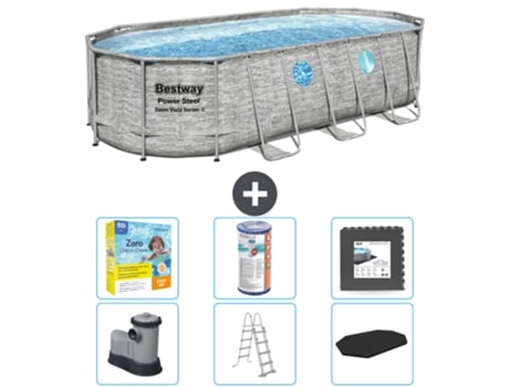Piscina BESTWAY Oval Power Steel Swim Vista - Estampado Piedra - 549 x 274 x 122 - Incluye Bomba - Escalera - Cobertor Accesorios CB35