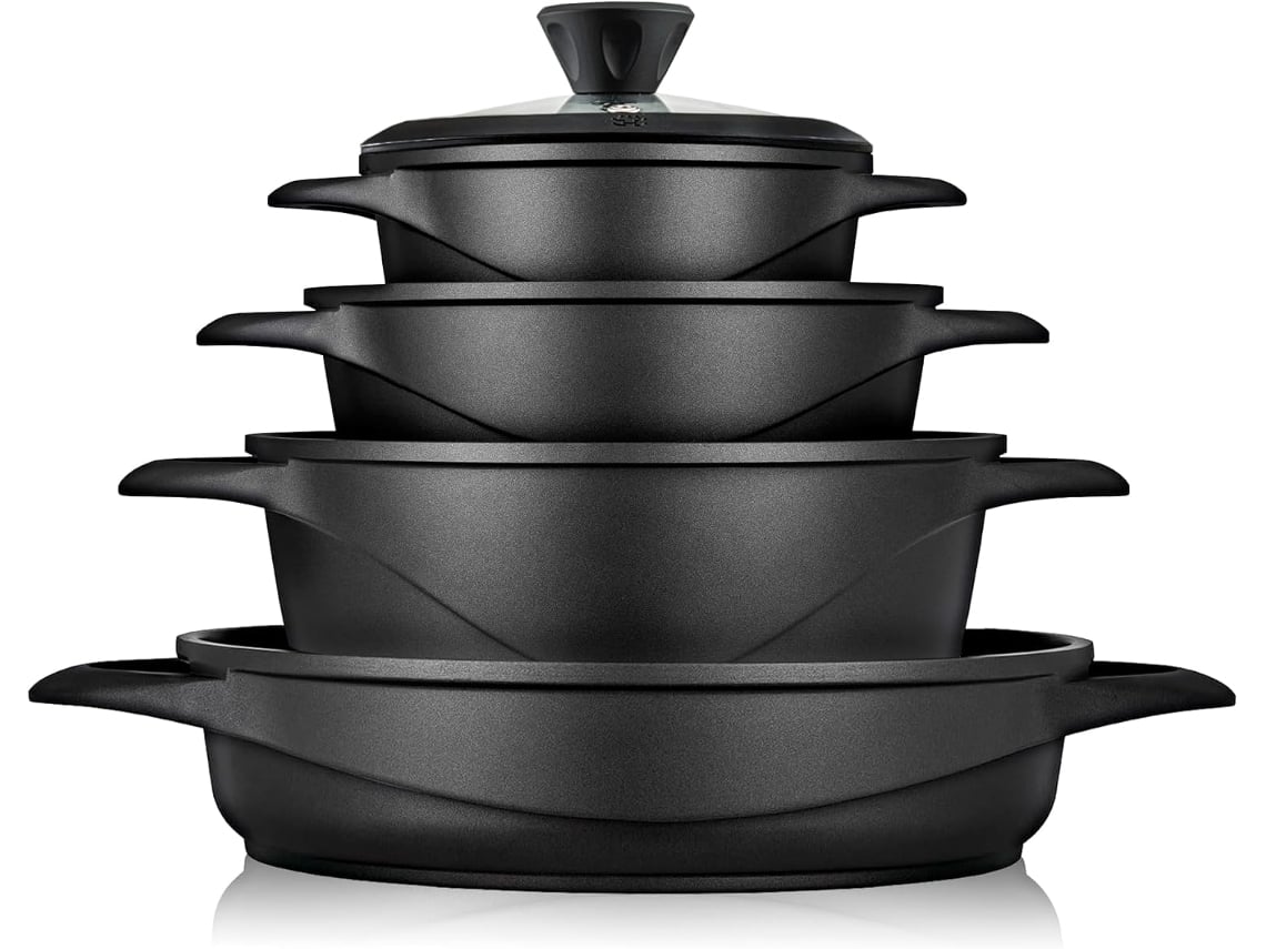 Batería De Cocina Inducción 8 Piezas Aluminio Fundido 4 Ollas Con Tapa De Cristal Antiadherente Briebe Mgk-17s Negro