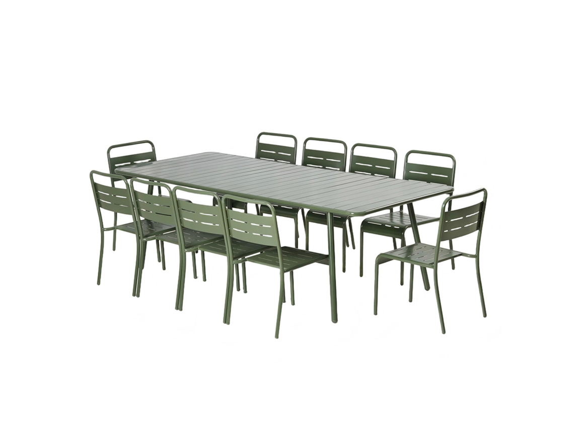 Mesa de jardín Bergame de 234 cm y 10 sillas verdes.