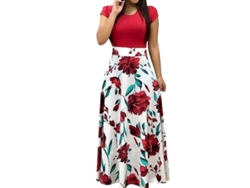 2026-5129-vestido Largo De Manga Corta Cuello Redondo Con Estampado Floral Para Mujer Fiesta Playa S Rojo