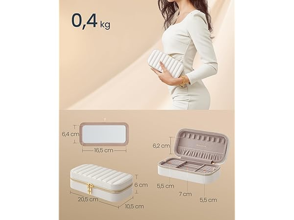 Estuche De Viajes Para Joyas, Pequeño Con Espejo, 10,5 X 20,5 6 Cm, Pu, Costuras Y Cremallera, Ideal Regalar Impermeable Multifunción
