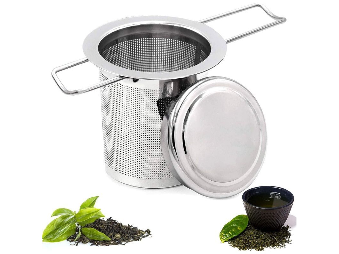 Colador de té de acero inoxidable con tapa, infusor de té fino con mango plegable para tazas y tés.
