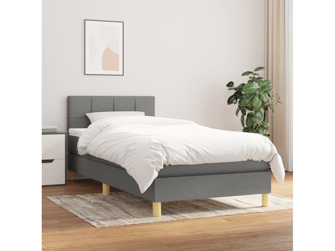 Cama Box Spring Con Colchón Tela Gris Oscuro 90x200 Cm