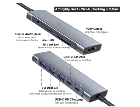 Adaptador multipuerto de concentrador USB C, concentrador USB C 9 en 1 con 4K@30Hz, audio de 3,5 mm, 3xUSB3.0, lector de tarjetas SD/TF, PD 60W, da...