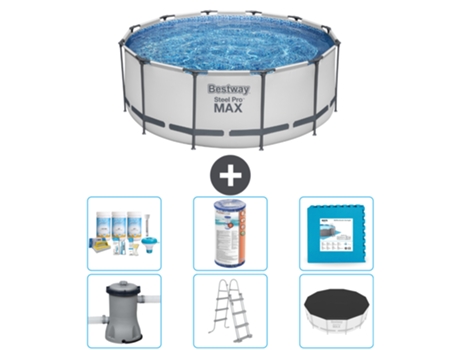 Piscina BESTWAY Round Steel Pro MAX - 366 x 122 cm - Gris - Incluida bomba - Escalera - Cobertor Paquete de mantenimiento - Filtrar - Baldosas