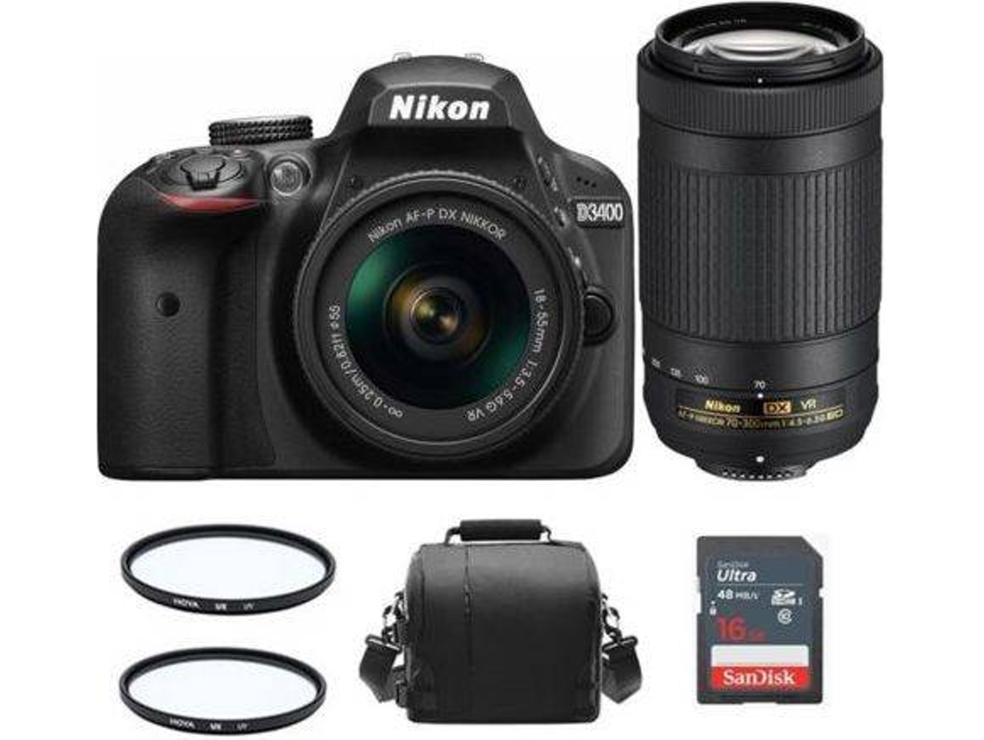 Kit Cámara Réflex NIKON D3400 AF-P 18-55mm F3.5-5.6G VR + AF-P 70-300mm F4.5-6.3 ED VR (20062)+ Bolsa+ 16gb SD + Hoya UX UV 55mm+ Hoya UX UV 58mm