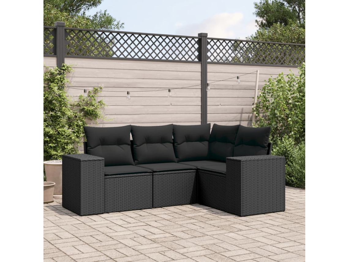 Conjunto de sofá de jardín de 4 piezas con cojines, mimbre sintético negro, Dkd Home Decor