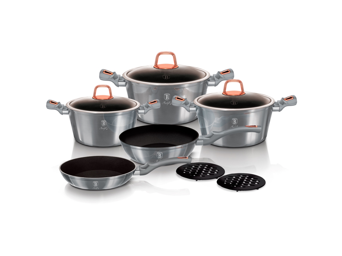 Batería Cocina Inducción 10 Piezas, Antiadherente Mármol Sin Pfoa, Aluminio, Cazuelas Sartenes Berlinger Haus Moonlight Gris