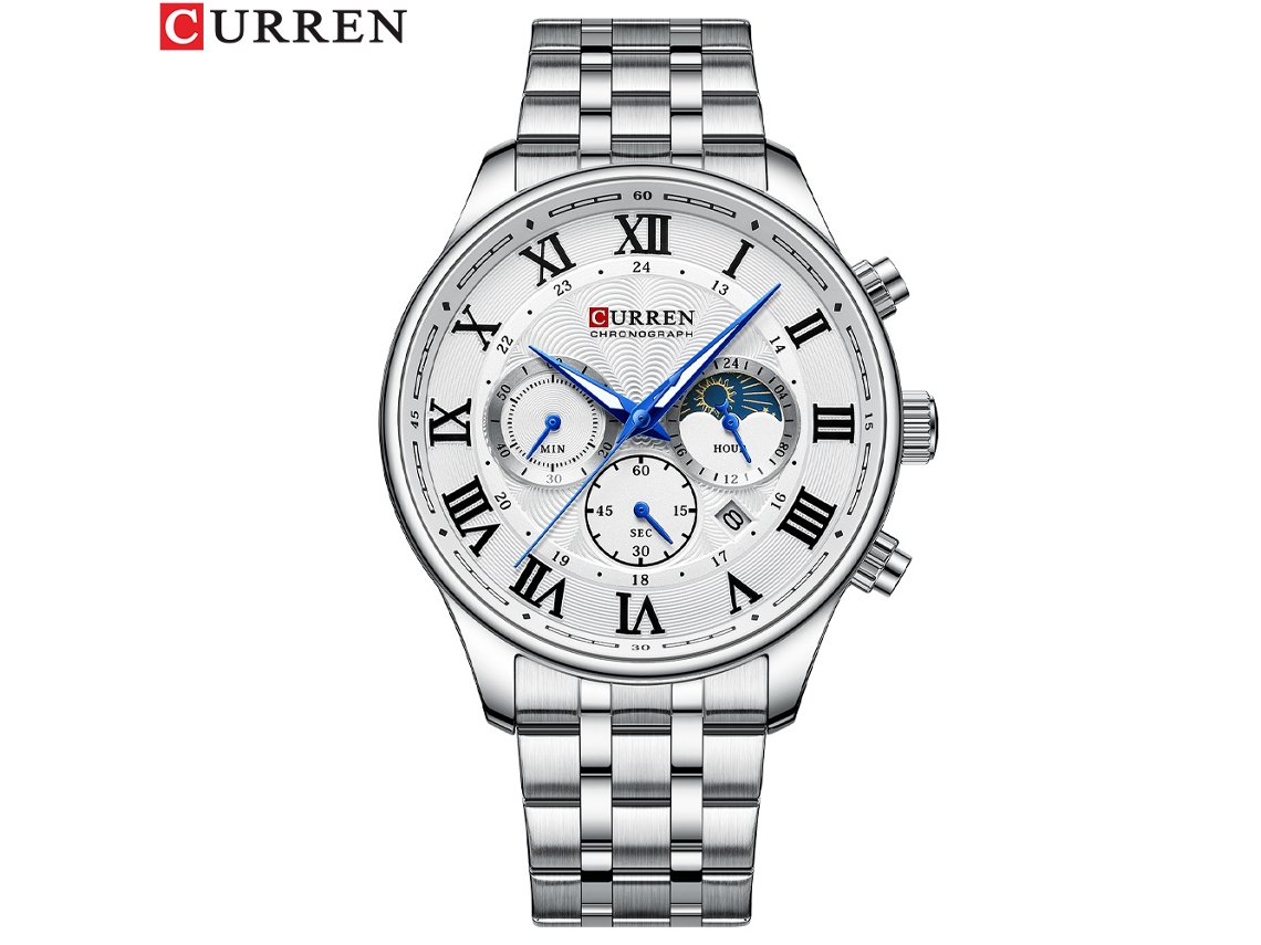 Reloj De Negocios Para Hombre (blanco Plateado) De Acero Inoxidable, Calendario De Cuarzo, Seis Manecillas.