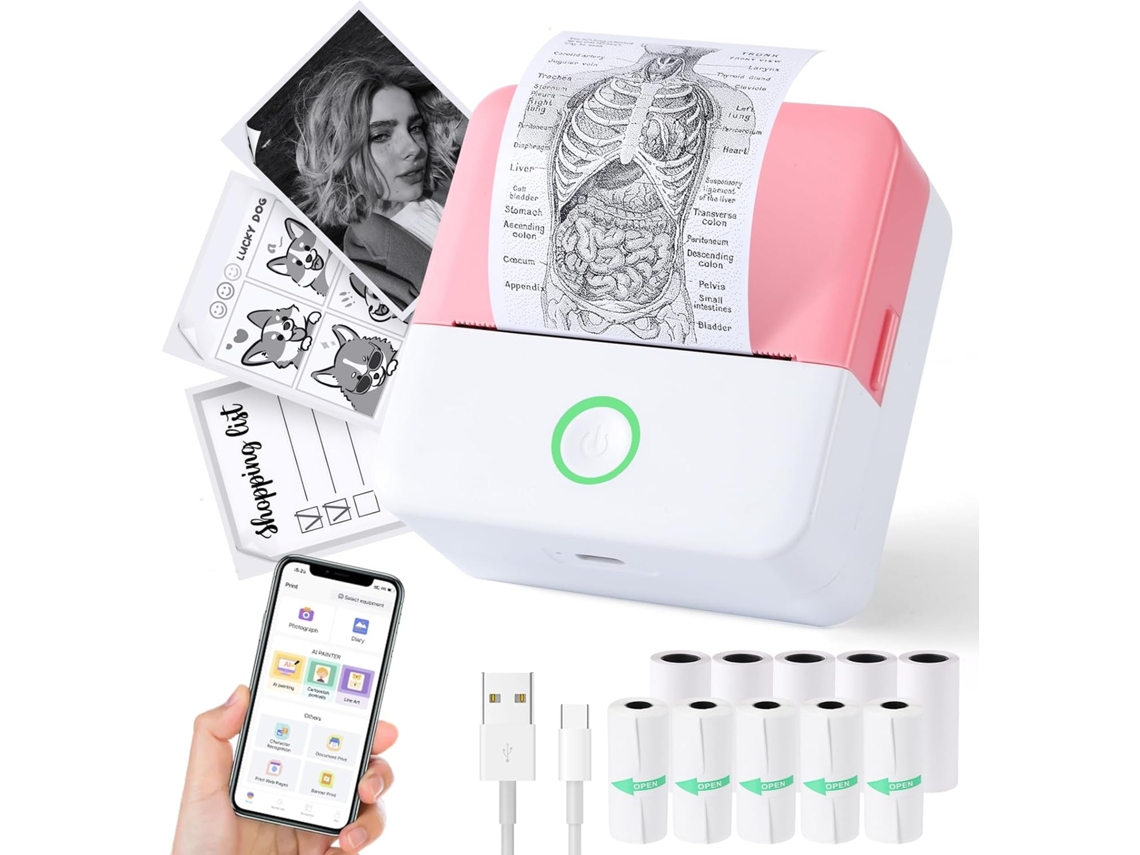 La impresora térmica portátil Siurn incluye 10 rollos de papel y es compatible con iOS y Android.