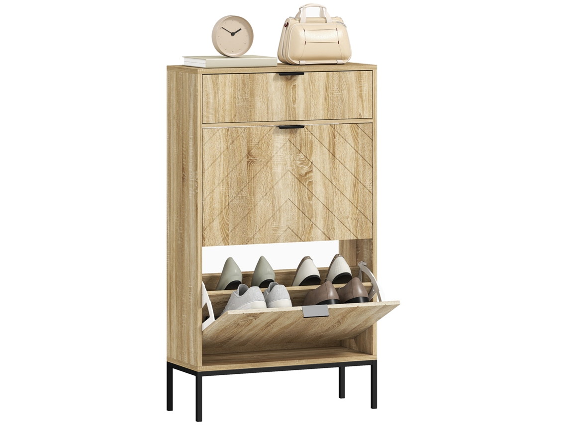 Zapatero con capacidad para 8 pares, cajón deslizante, 2 cajones basculantes, estantes ajustables, 60x24x105,5 cm, roble.