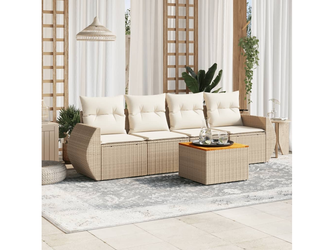 Conjunto de sofá de jardín de 5 piezas con cojines, mimbre sintético beige, Dkd Home Decor
