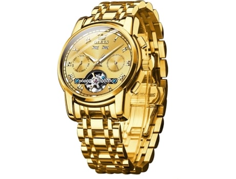 VEANXIN Reloj luminoso resistente al agua con calendario doble Tourbillon mecánico automático para hombre(oro)