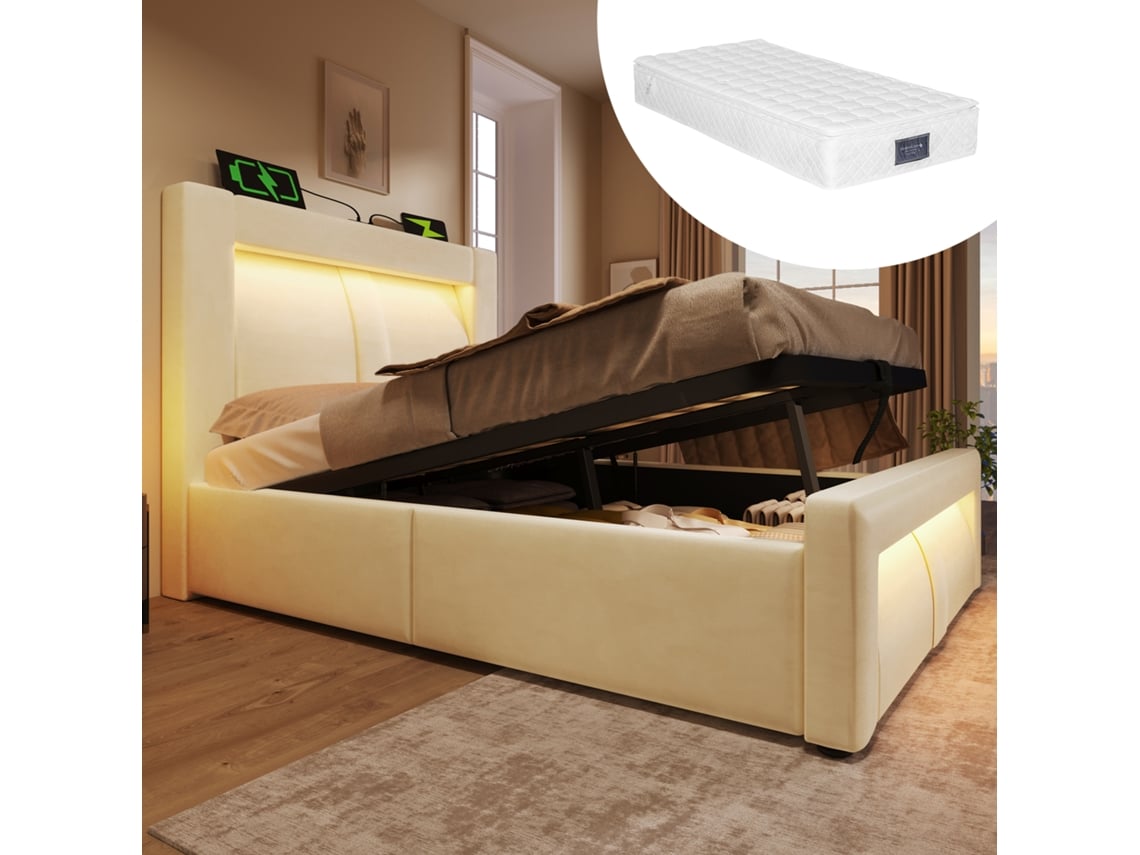 Cama De Terciopelo Beige De 90x200 Cm Con Iluminación Led, Sistema Hidráulico, Aplicación Usb C Y Cabecero Curvo Con Espacio De Almacenamiento.