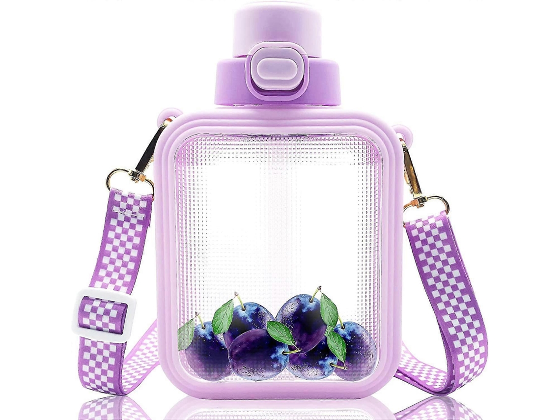 Botella De Agua Cuadrada Kawaii Con Pajita Y Asa Ajustable, Botella De Agua Deportiva Portátil Con Adhesivo De Dibujo Animado. Rosewell