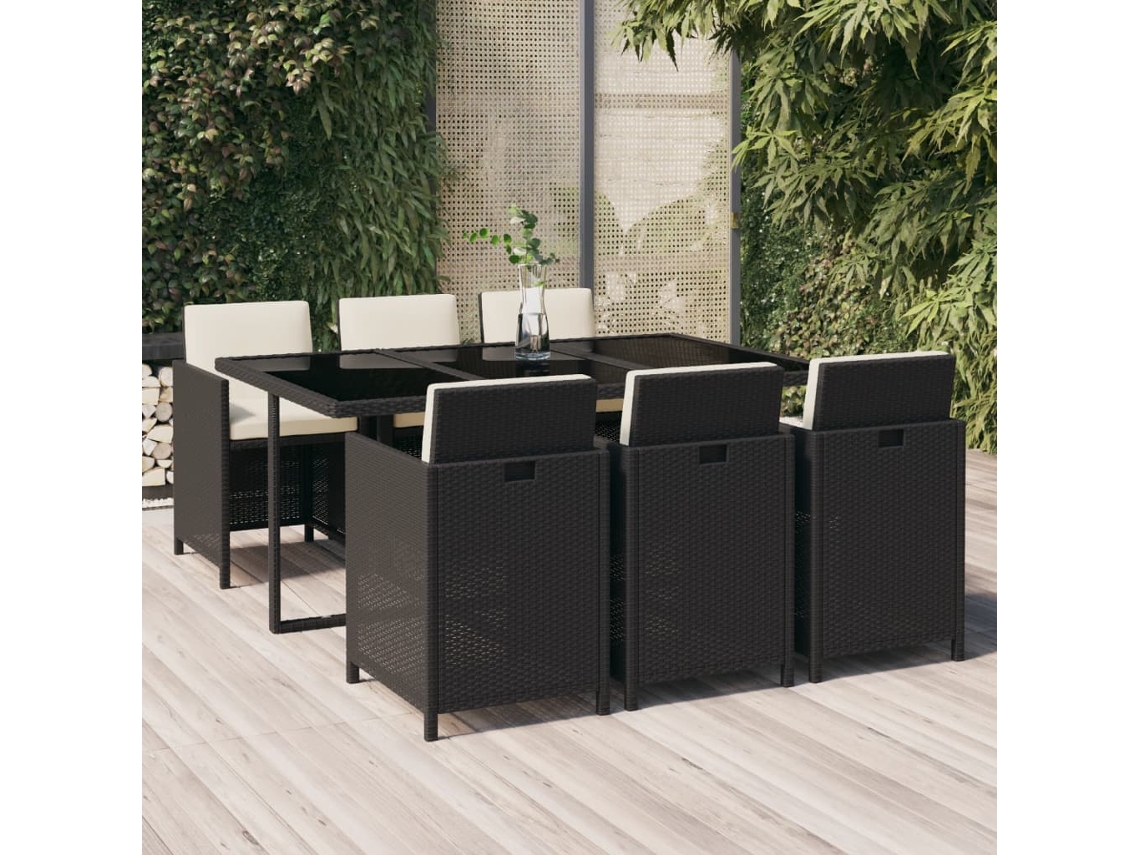 Juego de comedor de jardín de 7 piezas con cojines, mimbre sintético negro, DKD Home Decor