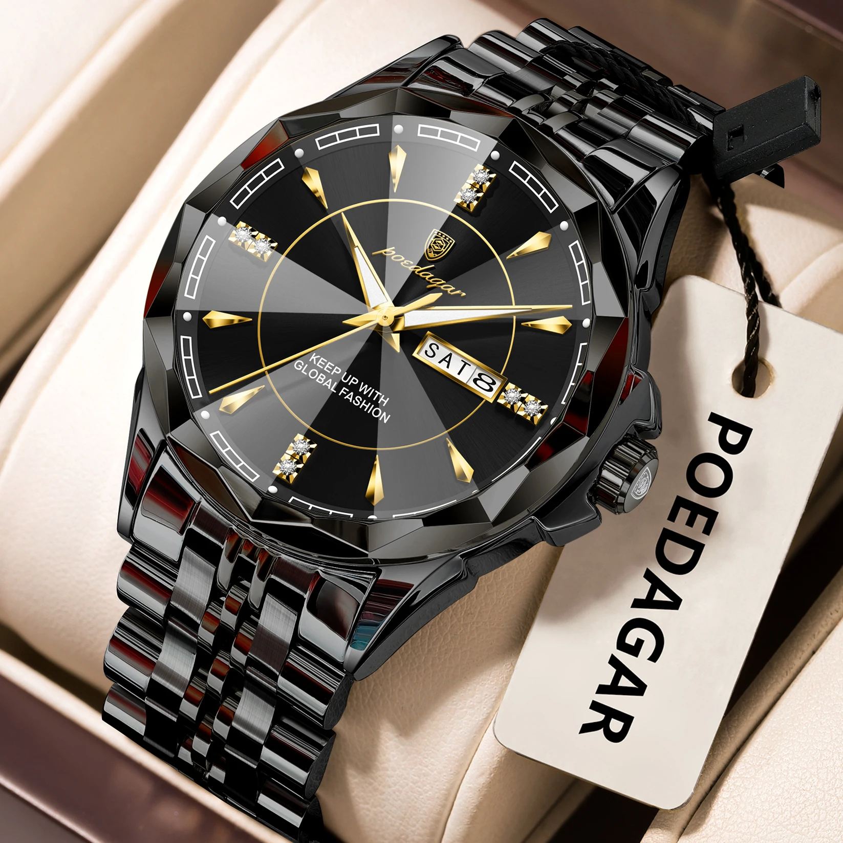 Reloj De Hombre De Acero Inoxidable Con Movimiento De Cuarzo, Color Negro, Resistente Al Agua, Luminoso Y Con Indicador De Fecha Y Día.