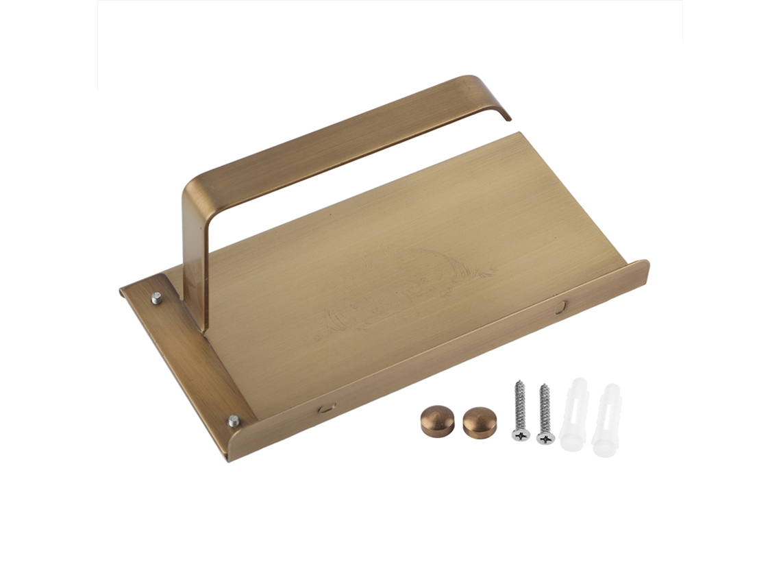 Soporte para papel higiénico de latón antiguo con repisa para teléfono.