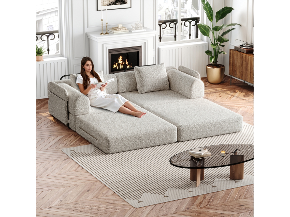 Sofá Cama 2 Plazas Colchón Plumas Cómodo Espacioso Beige