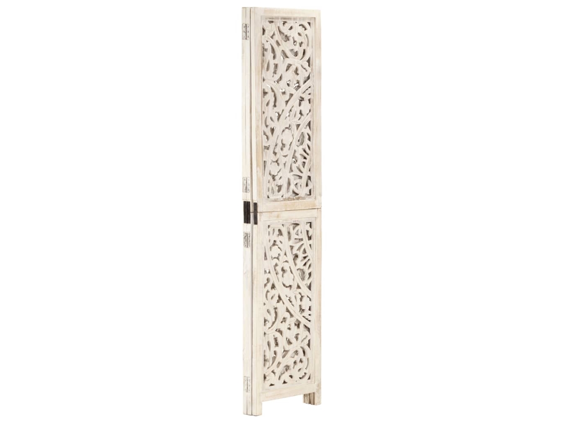 Biombo | Mampara de 3 paneles esculpida a mano de 120 x 165 cm en madera maciza de mango blanca Wsd764561 Adorable Home