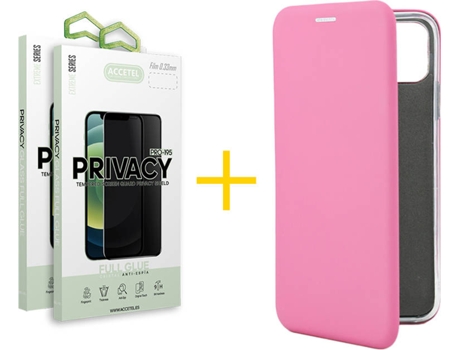 Carcasa + 2 Protectores de Vidrio Anti-Spy iPhone 13 Mini ACCETEL PRM Flip Cover Rosa