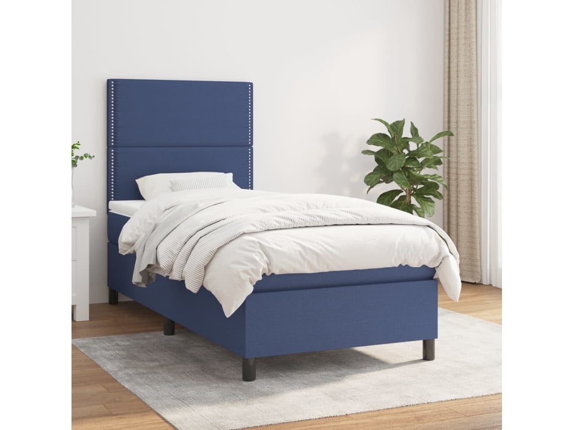 Cama Box Spring Con Colchón Tela Azul 90x200 Cm