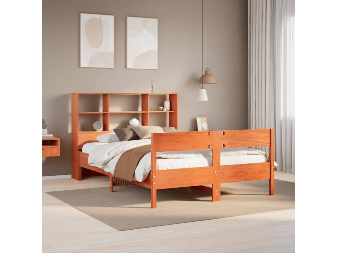 Cama Con Estantería Sin Colchón Madera Maciza Marrón 120x200cm