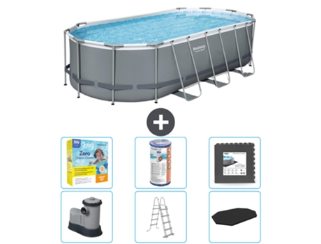 Piscina BESTWAY Oval Power Steel - 549 x 274 x 122 - Gris - Incluye bomba - Escalera - Cobertor Paquete de mantenimiento - Filtrar - Baldosas
