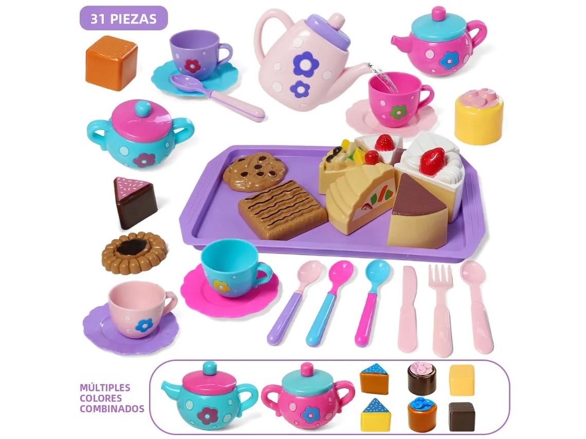 Juego de té infantil rosa para simular el té de la tarde con tetera y tetera. Mdug