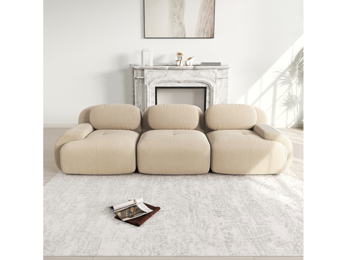Sofá Modular 3 Plazas - Combinable, Antideslizante, Sin Montaje, Reposabrazos Ergonómicos Y Acolchado De Alta Elasticidad - Beige
