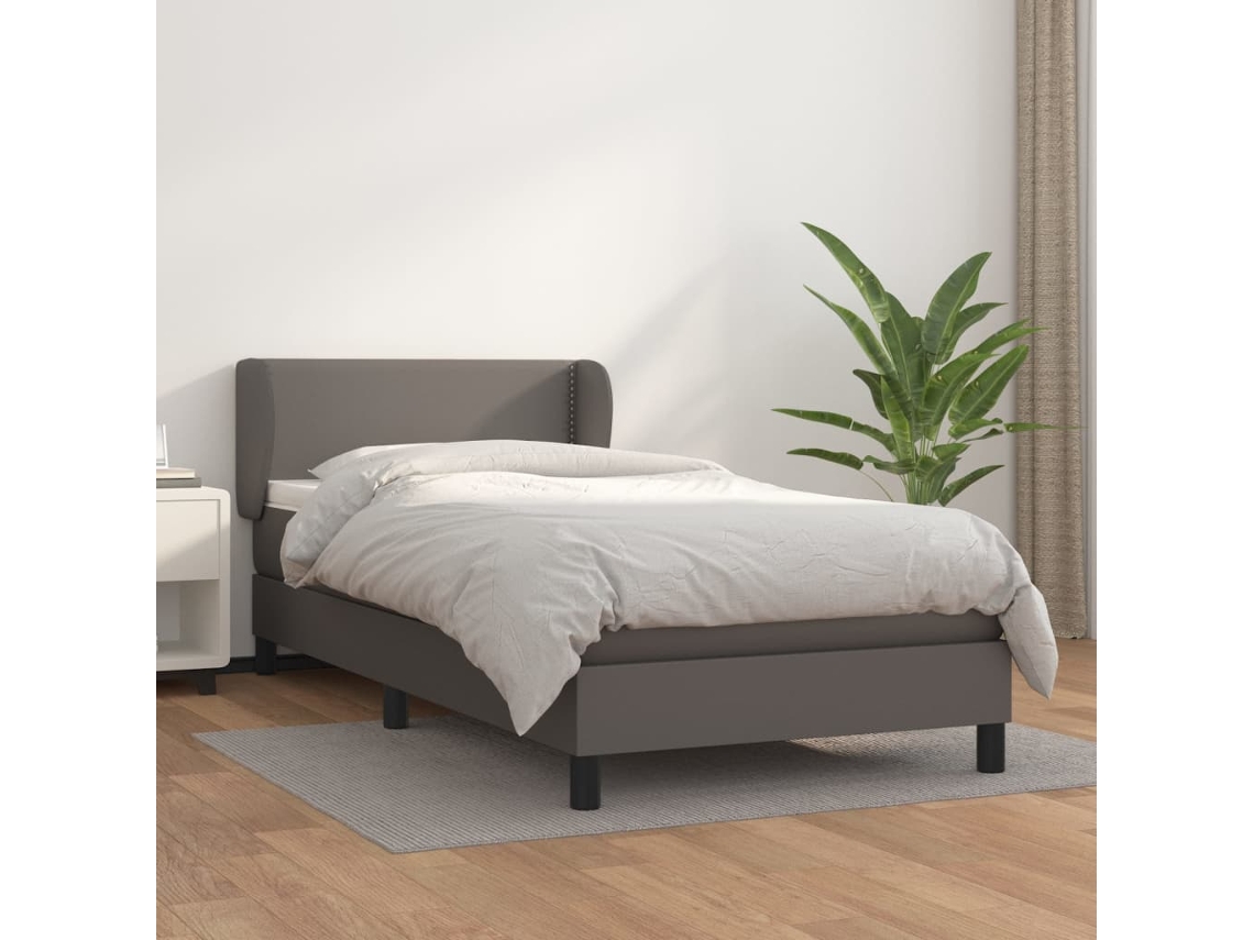 Cama Box Spring Con Colchón Cuero Sintético Gris 100x200 Cm