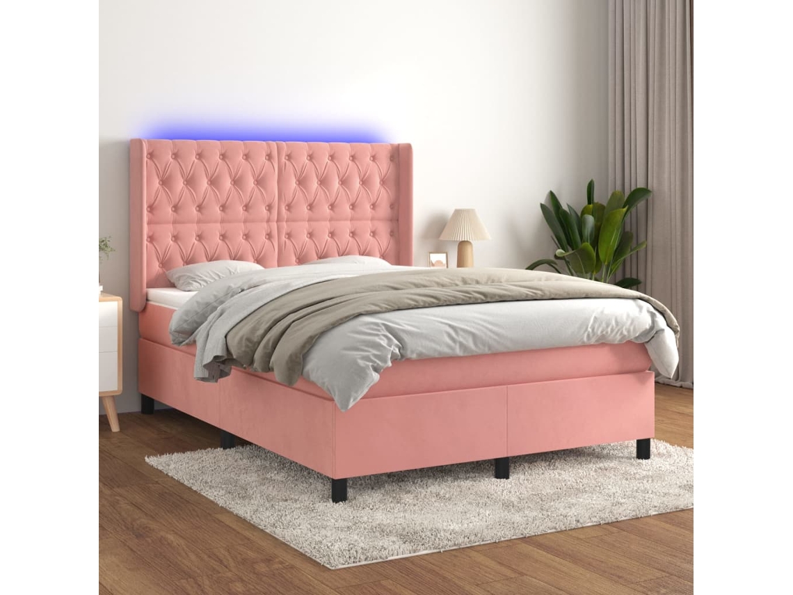 Cama Box Spring Colchón Y Led Terciopelo Rosa 140x190 Cm