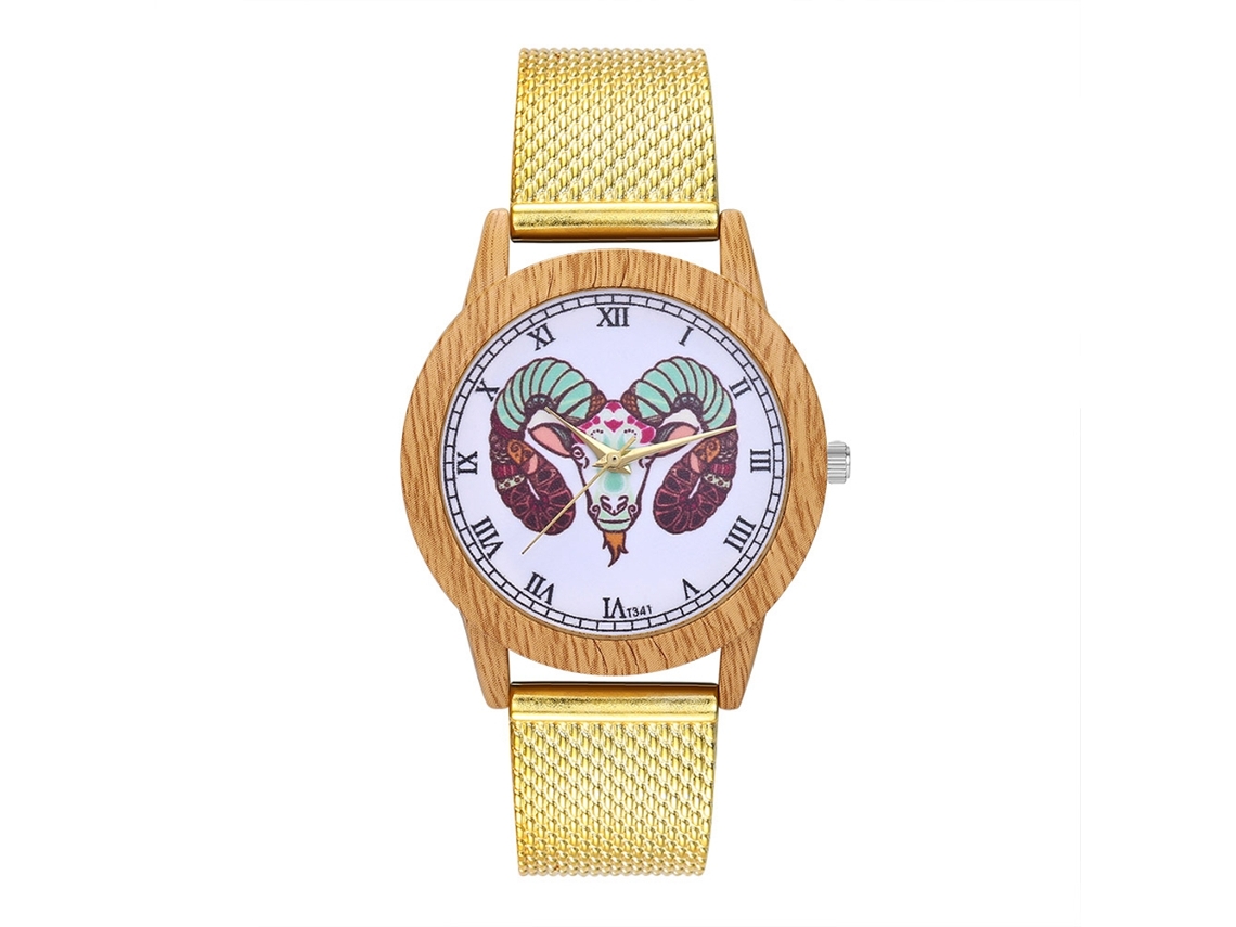 Reloj De Pulsera Unisex Con Correa De Malla Y Patrón Animal Dial Redondo Oro