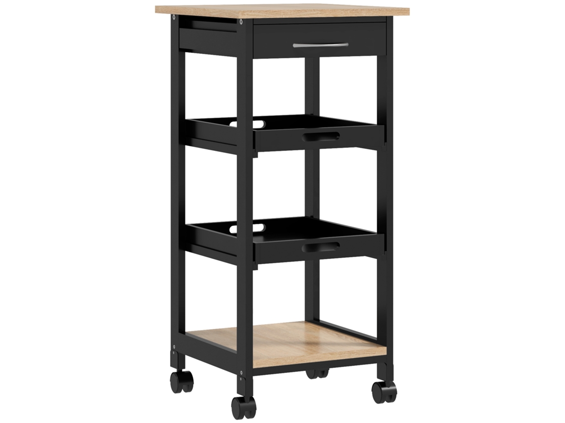 Carrito De Cocina Con Ruedas, 2 Bandejas Extraíbles, Cajón, Estante, Madera De Roble Claro Y Pino Negro.