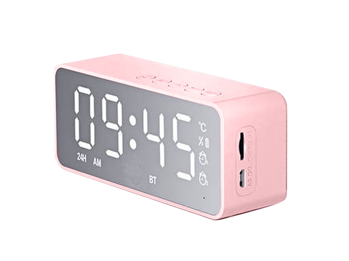 Reloj Despertador Bluetooth Rosa Con Altavoz, Pantalla Espejo, Doble Alarma, Radio Fm Y Múltiples Funciones.