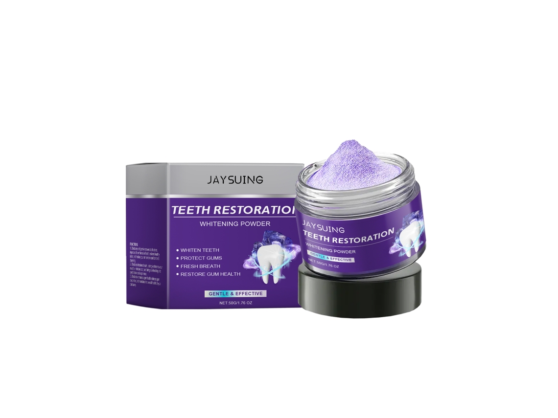 Polvo blanqueador dental morado brillante