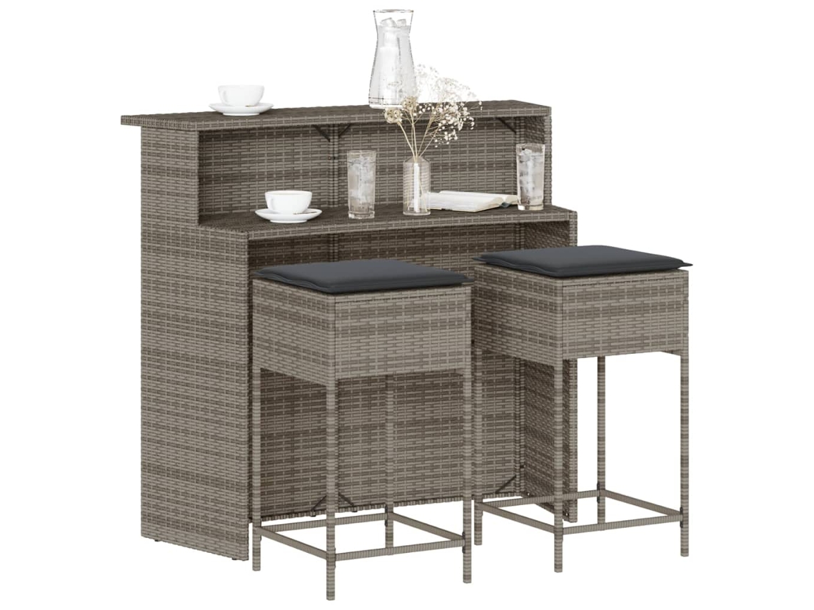 Conjunto de bar de jardín de 3 piezas DKD Home Decor con cojines de mimbre gris