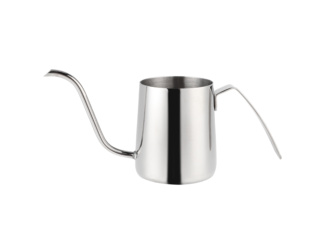 Cafetera de acero inoxidable de 250 ml con boca larga y asa, sin tapa, color plateado