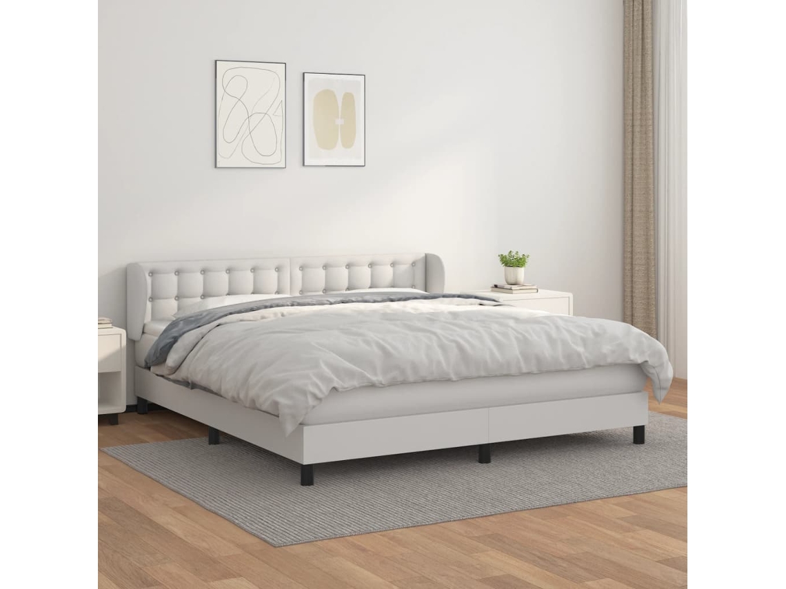 Cama Box Spring Con Colchón Cuero Sintético Blanco 160x200 Cm