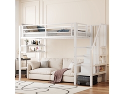 Cama Alta De 90x200 Con Estantes, Escalera Y Almacenamiento, Color Blanco. Colchón No Incluido.