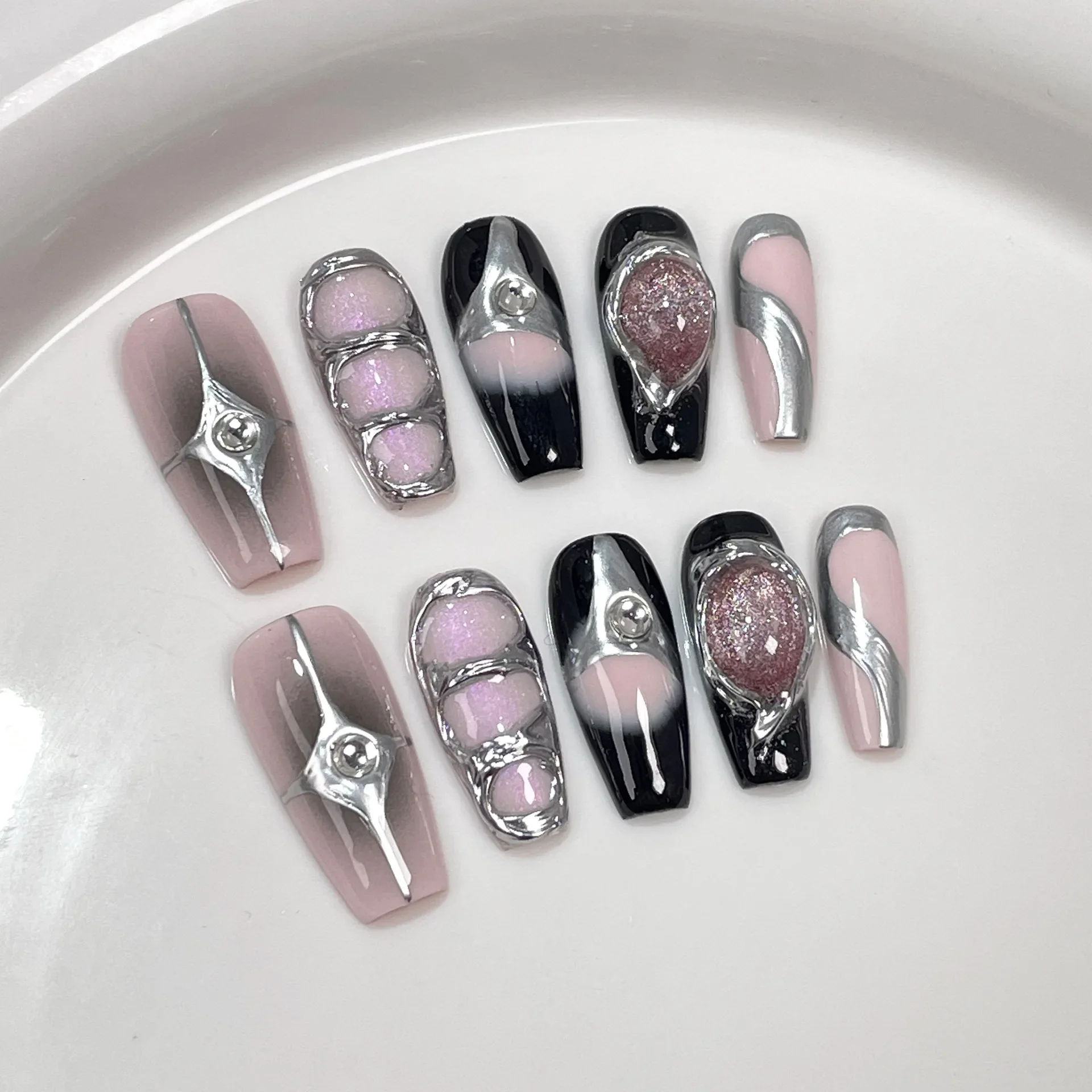 (273-s) 10 Uñas Postizas Negras Brillantes Hechas A Mano Con Diamantes De Imitación En Forma De Estrella