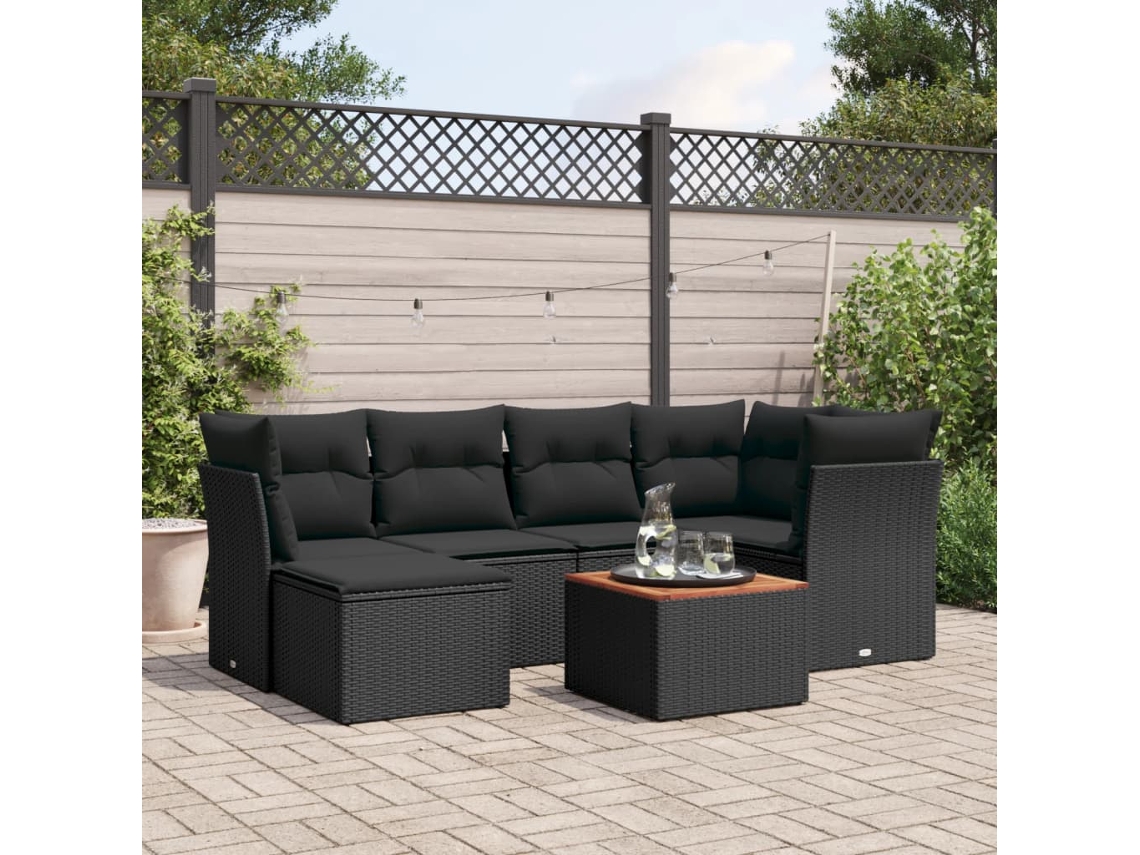 Conjunto de sofá de jardín de 7 piezas con cojines, ratán negro, Dkd Home Decor