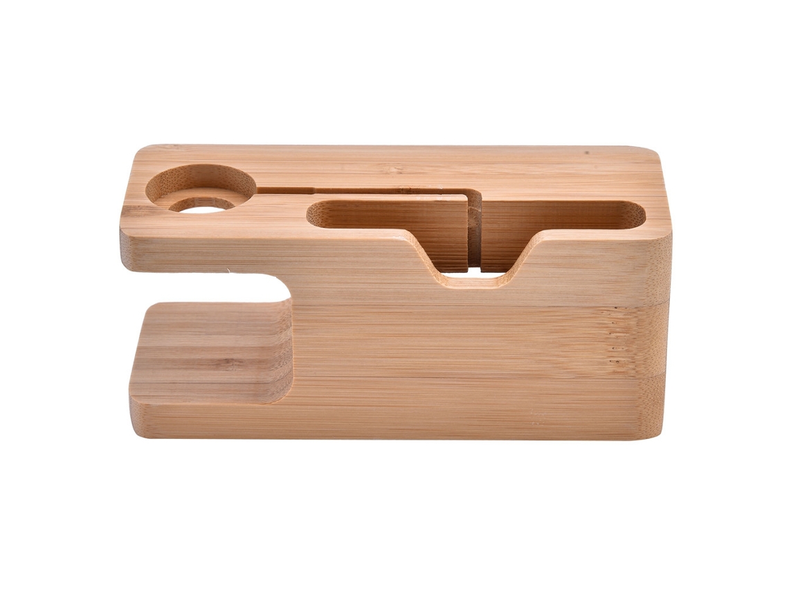Soporte de carga de bambú y madera para iPhone y Apple Watch