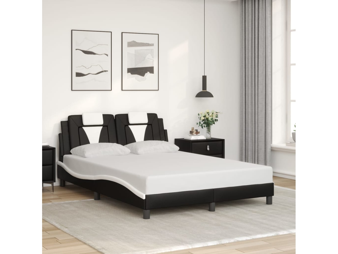 Estructura Cama Cabecero Cuero Sintético Negro Blanco 140x200cm