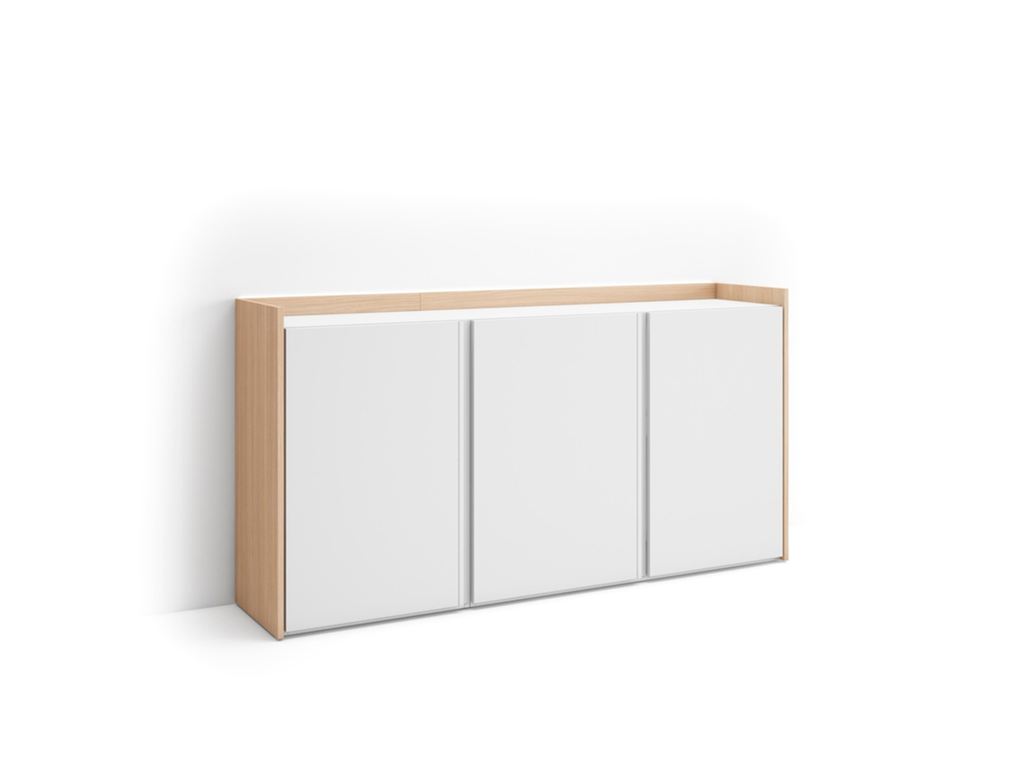 Aparador de comedor, 156x35x80cm, 3 puertas, LED, blanco y roble claro.