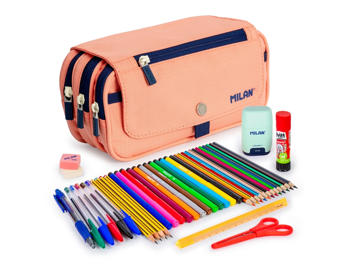 Milan Estuche Triple de 3 Cremalleras Y Material Escolar Incluido. Rosa 1918 COLEPACK