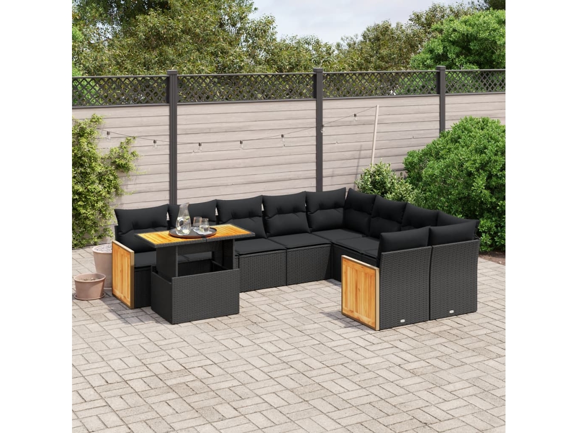 Conjunto de sofá de jardín de 10 piezas con cojines en mimbre sintético negro de DKD Home Decor
