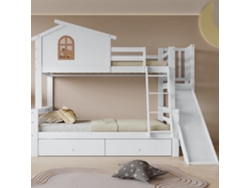 Litera de 90x200 cm y 120x200 cm con ventanas, escalera basculante, tobogán, 2 cajones, estructura de madera maciza, color blanco