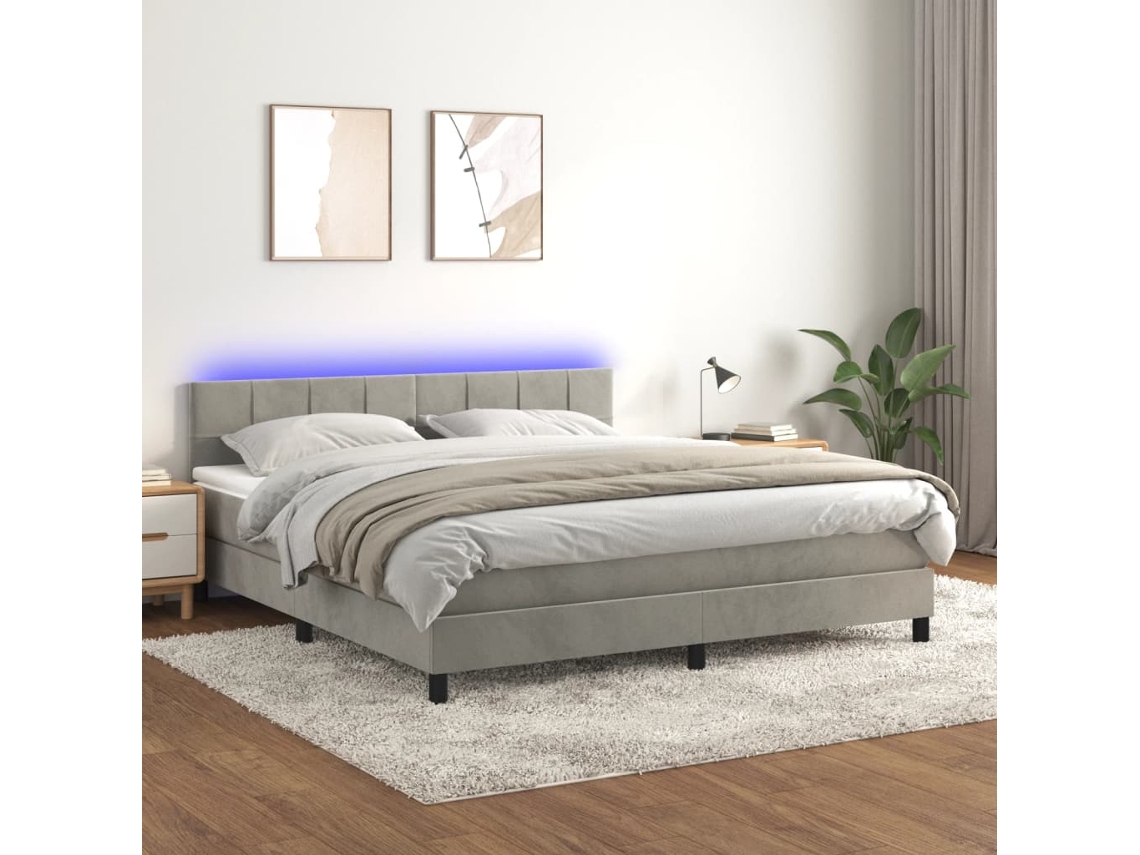 Cama Box Spring Colchón Y Led Terciopelo Gris Claro 160x200 Cm